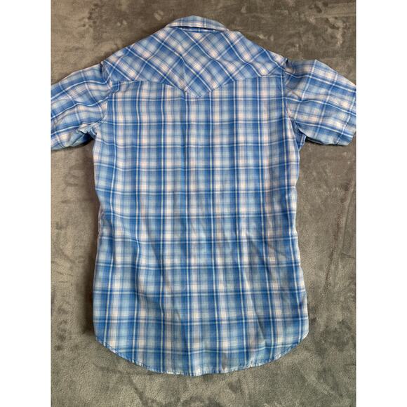 Wrangler Pearl Snap Collared Shirt Size Medium Western Short Sleeve Blue Plaid - Picture 2 of 8